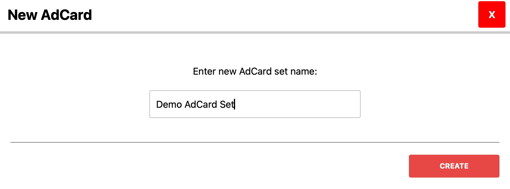 Enter the name of of new AdCard Set.