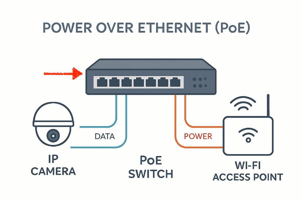 Diagram showing a PoE switch sending data to an IP camera and power to a Wi-Fi access point over Ethernet.