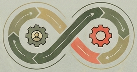 Illustration of an automated marketing workflow cycle with connected gears