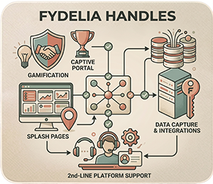 Illustration of Fydelia responsibilities: captive portal, splash pages, gamification, data capture, integrations, and platform support