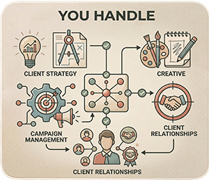 Illustration of agency responsibilities: client strategy, creative, campaign management, and client relationships