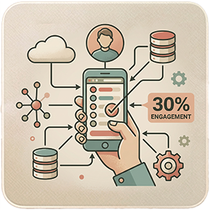 Illustration of guest engagement through mobile touchpoints and 30% engagement metrics
