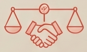Illustration of a handshake and balanced scales representing fair partnership support